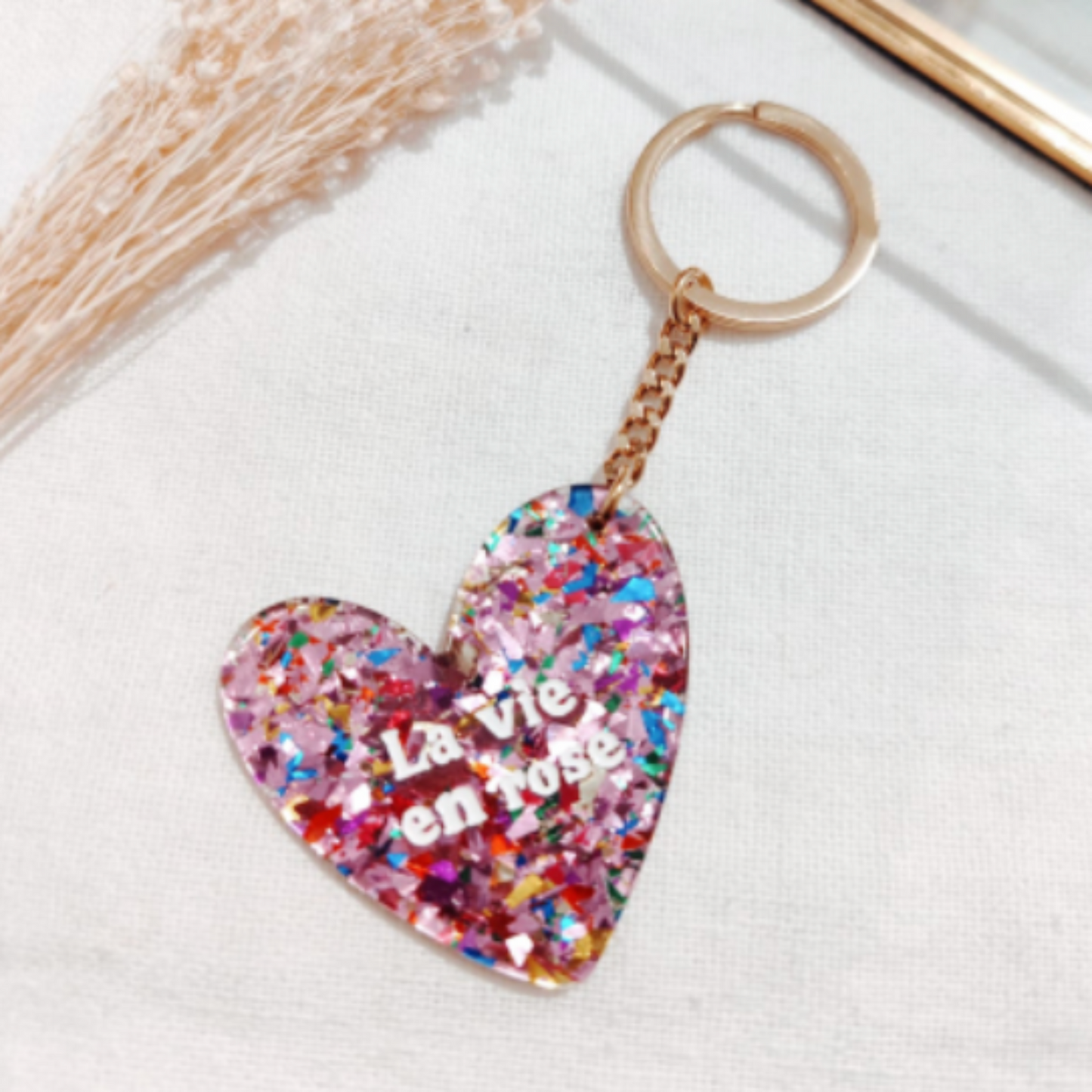 Porte clef résine paillettes "La vie en rose"