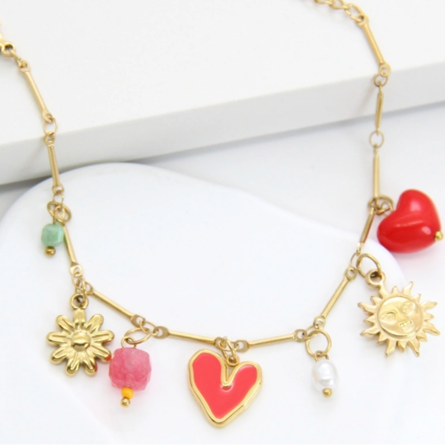 ✨ Bracelet Doré Charms Cœur, Soleil, Perle et Fleur