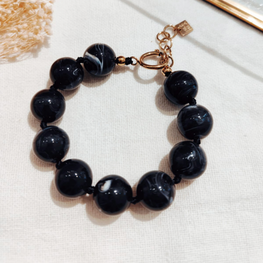 🖤 Bracelet à Perles en Résine Noir Marbré