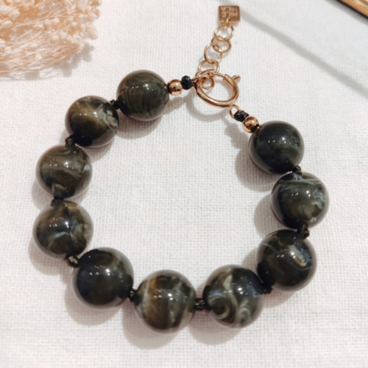 💚 Bracelet à Perles en Résine Kaki Marbré