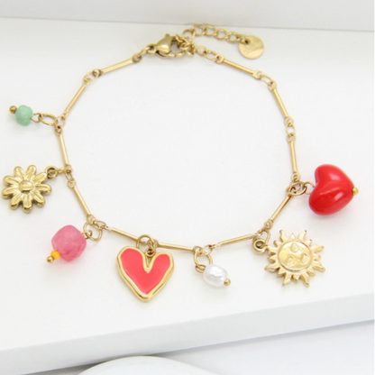 ✨ Bracelet Doré Charms Cœur, Soleil, Perle et Fleur