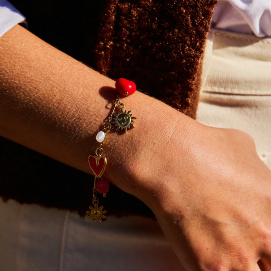 ✨ Bracelet Doré Charms Cœur, Soleil, Perle et Fleur