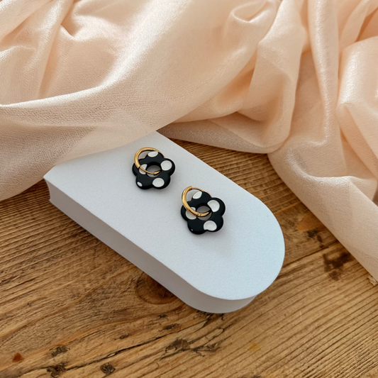 🌸 Boucles d’oreilles Fleur Pampille Noire & Blanc