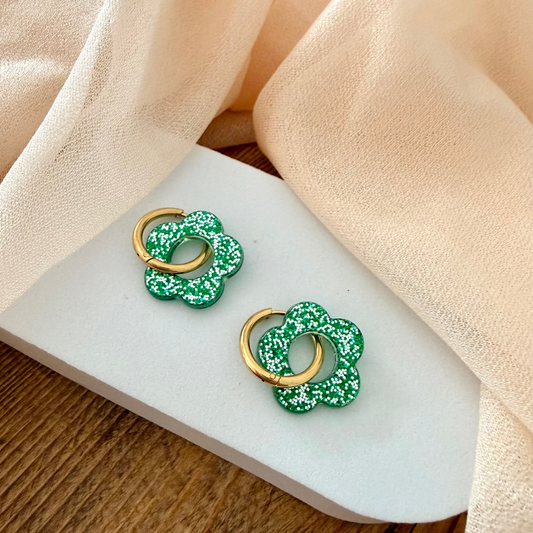 🌸 Boucles d’oreilles Fleur Pampille Verte Foncé